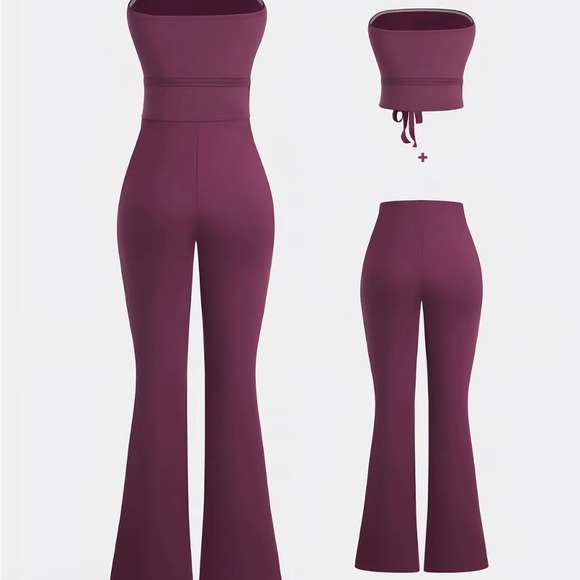 Strapless Ruched Crop & High-Waist Flare Jumpsuit Set - Plum - Picture 5 of 7